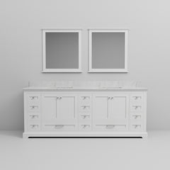 White Double Bath Vanity 84 in. W x 22 in. D, Carrara Marble Top, and 34 in. Mirrors
