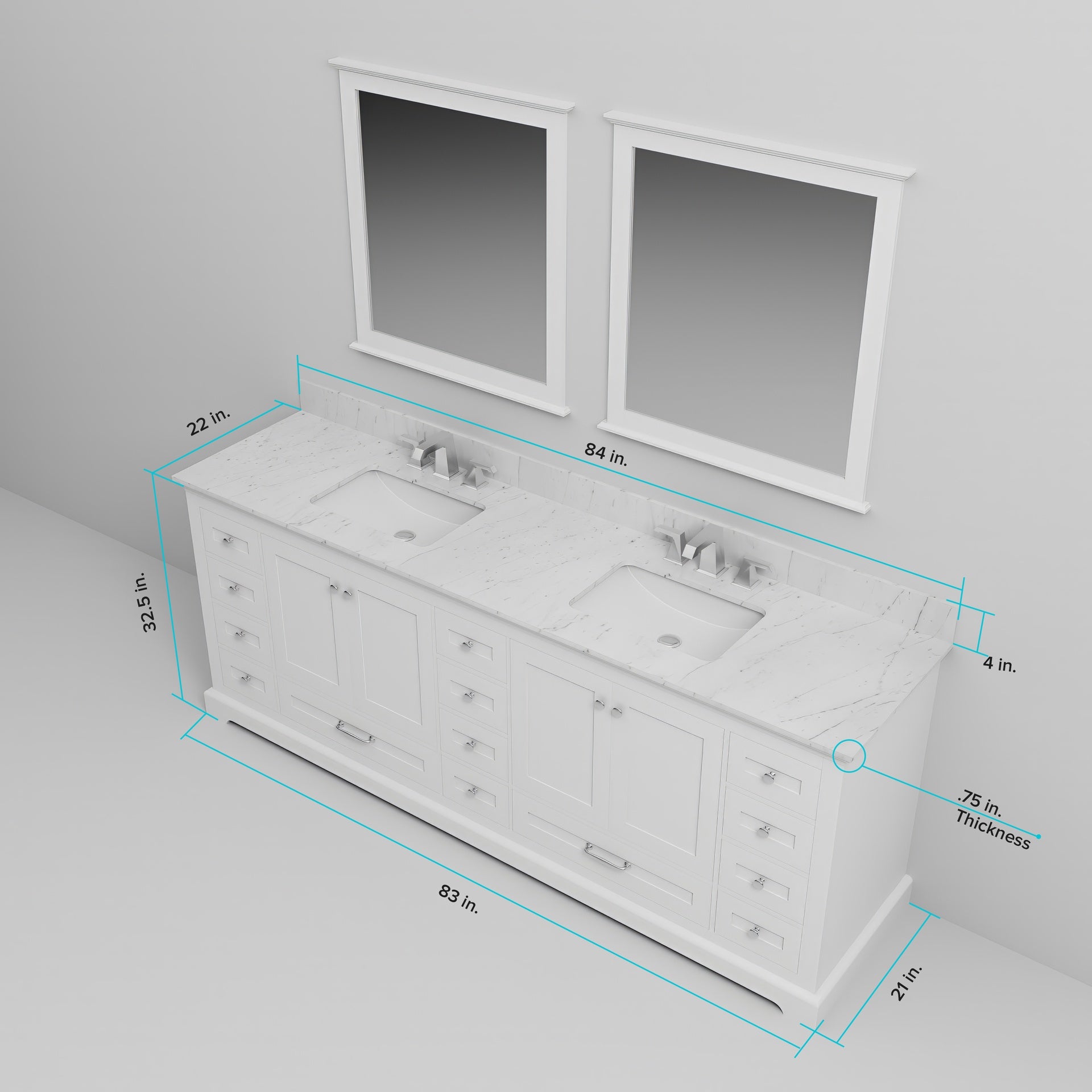 White Double Bath Vanity 84 in. W x 22 in. D, White Quartz Top, and 34 in. Mirrors