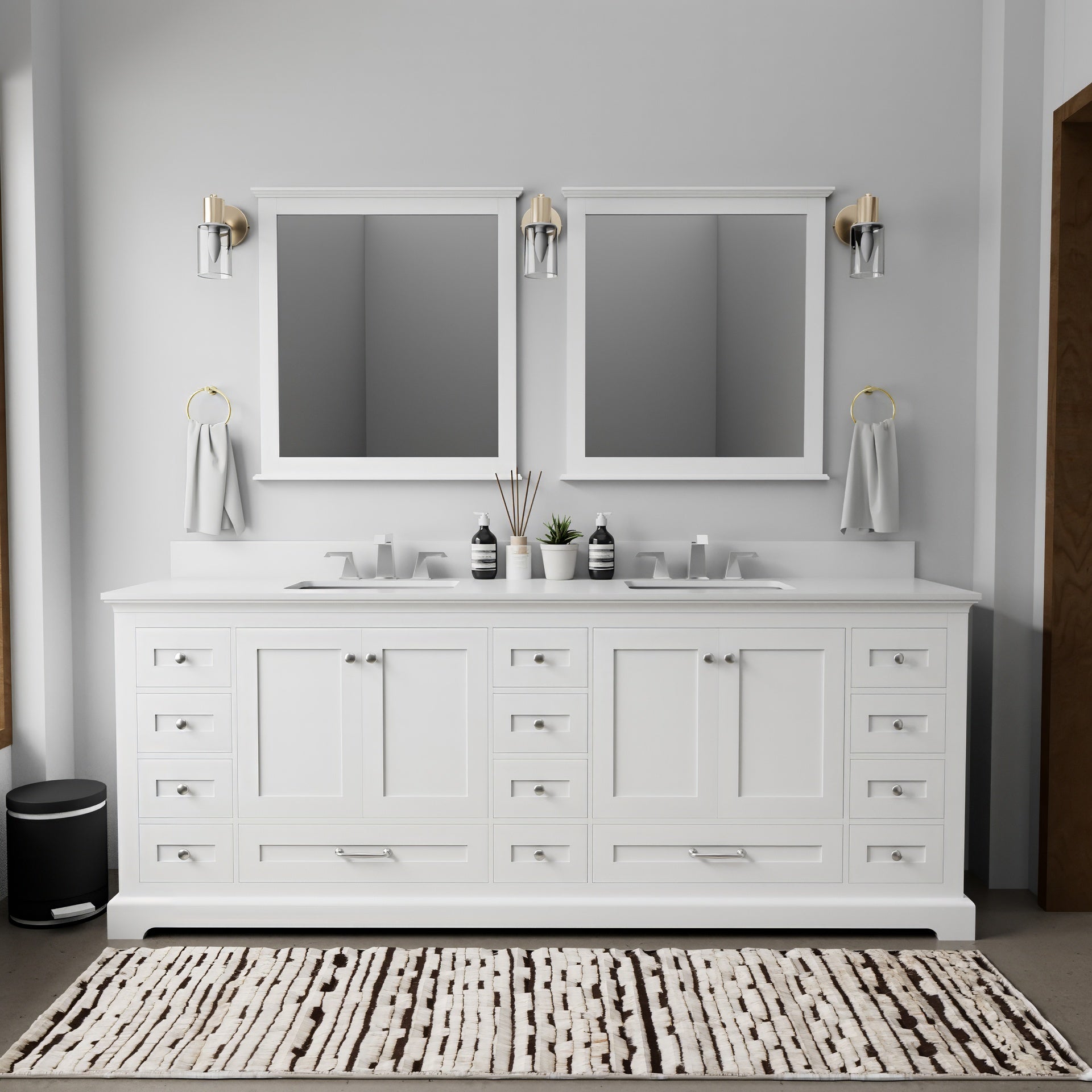 White Double Bath Vanity 84 in. W x 22 in. D, Cultured Marble Top, and 34 in. Mirrors