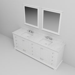 White Double Bath Vanity 84 in. W x 22 in. D, Carrara Marble Top, Faucet Set, and 34 in. Mirrors