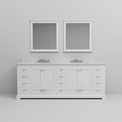 White Double Bath Vanity 84 in. W x 22 in. D, Carrara Marble Top, Faucet Set, and 34 in. Mirrors