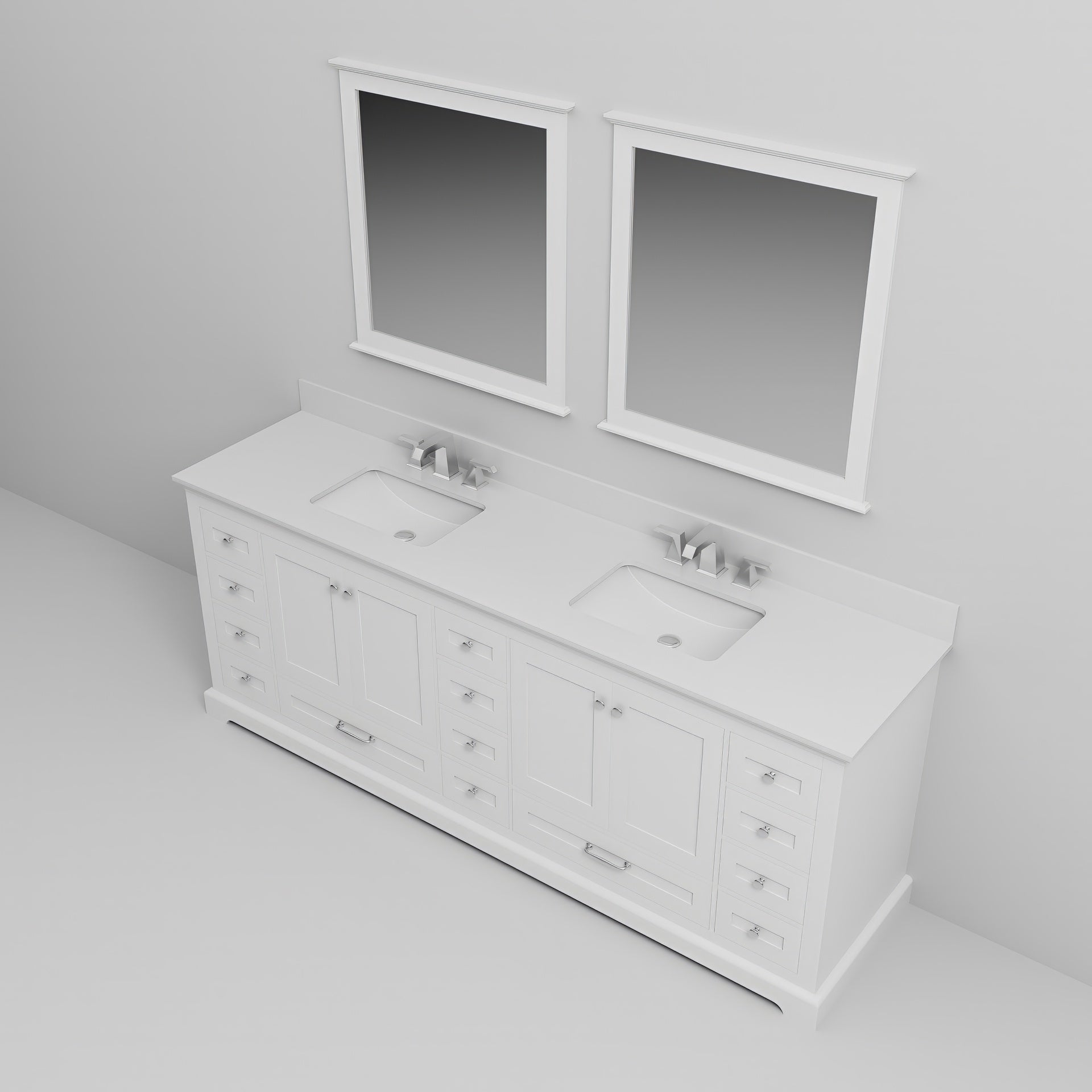 White Double Bath Vanity 84 in. W x 22 in. D, Cultured Marble Top, Faucet Set, and 34 in. Mirrors
