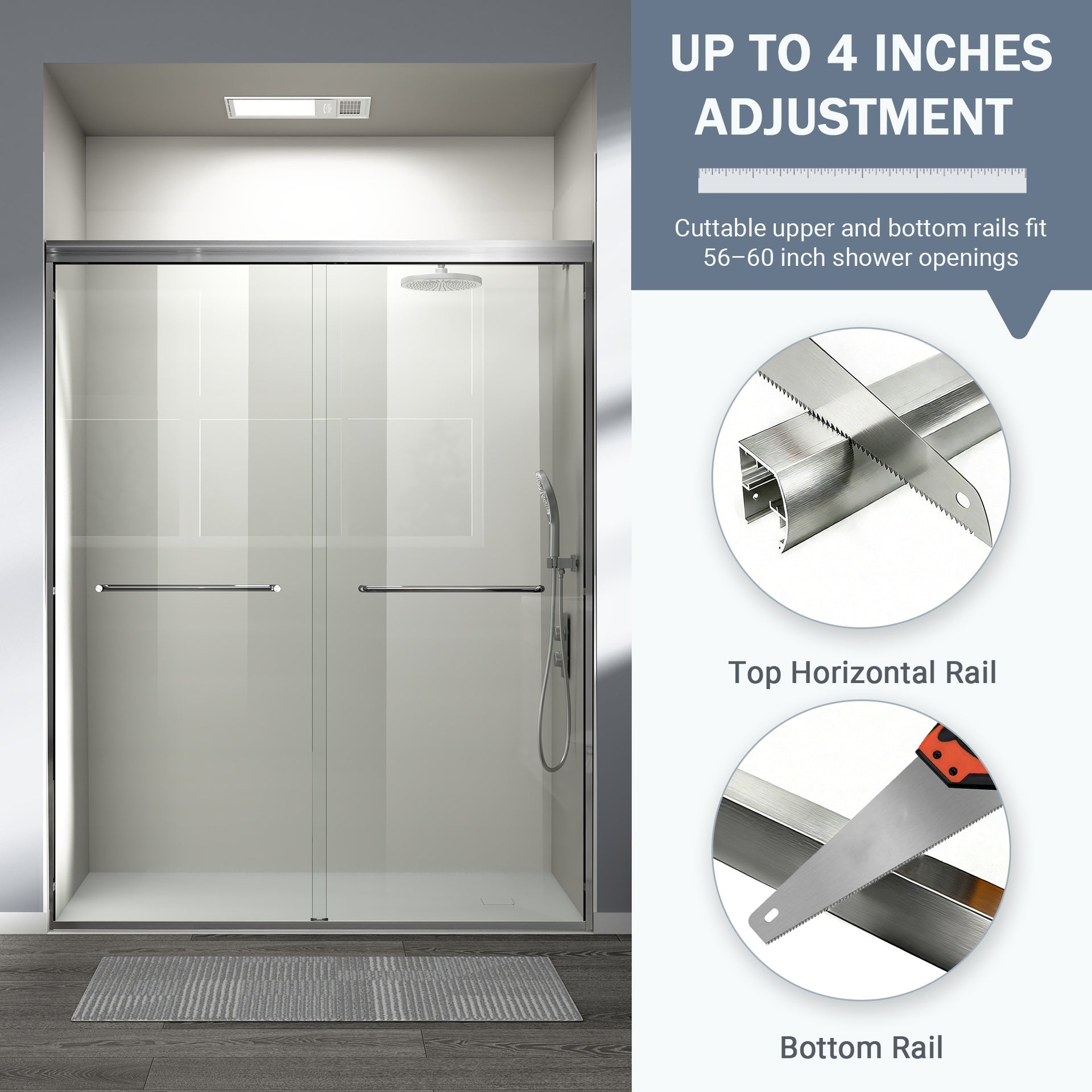 56-60 in. W x 72 in. H Double Sliding Shower Door, Semi-frameless Bathroom Sliding Door with 1/4" (6mm) Tempered Glass for Walk-in Shower, Brushed Nickel CM-24D03-60BNX