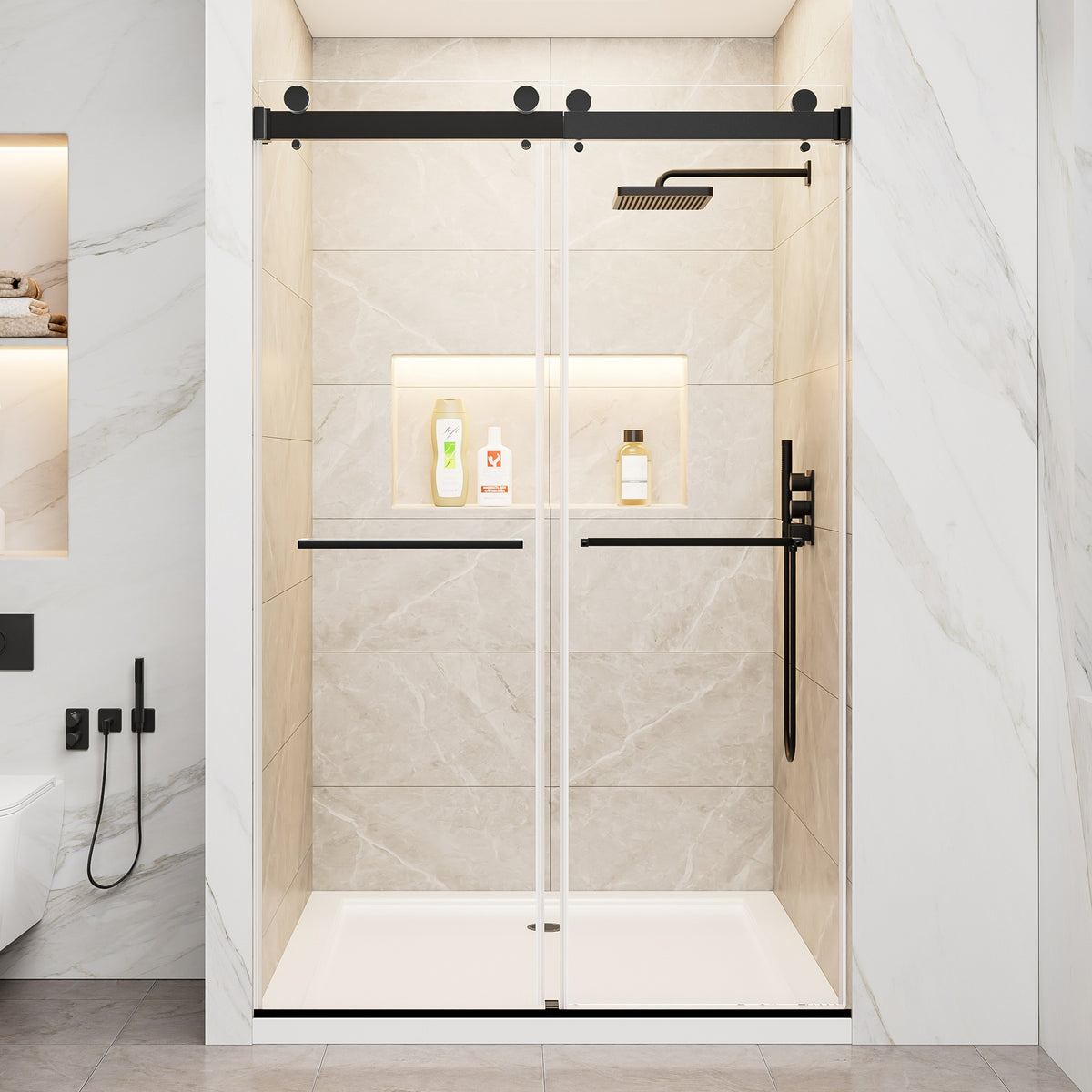 44"-48" W x 76" H Frameless Double Sliding Shower Door, Soft-Close Matte Black Shower Screen, 5/16" (8mm) Clear Tempered Glass With Explosion-proof Film, Dual Stainless Steel Door Handles