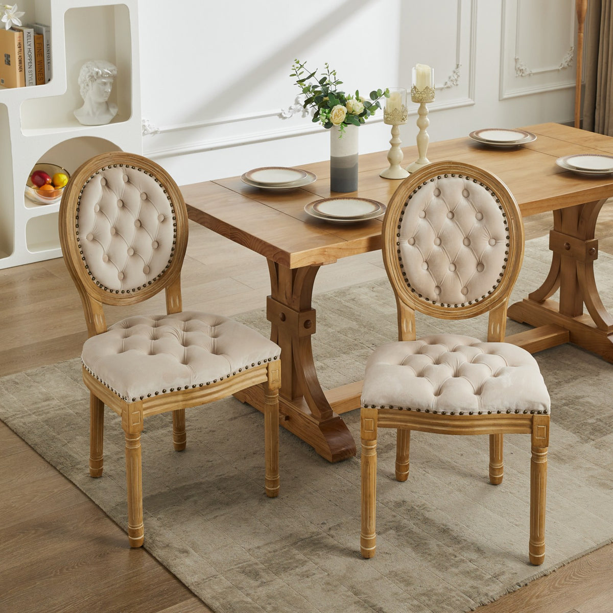 French Style Solid Wood Frame Antique Painting,Hand-pulled buckle decoration Velvet artificial leather Dining Chair with Nailhead Trim ,Wood Legs,Steel Spring inner,Set of 2,Beige,SW1739BG