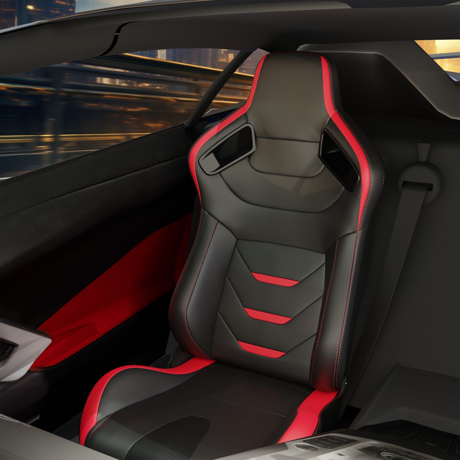 2PC Universal Bucket Racing Seats Red Stitch Red PVC Leather Reclinable Carbon Look Leather Red With Adjustor Slider(Not Including Seat Bracket ) 1 box of 2 pieces
