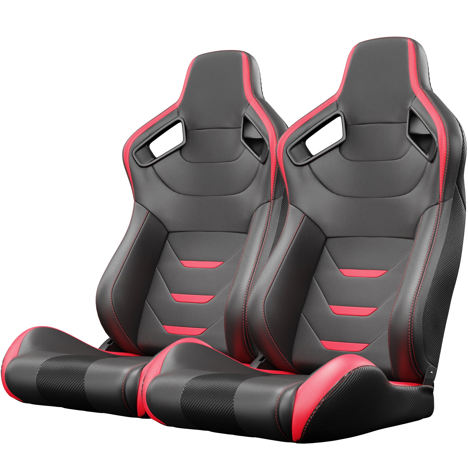 2PC Universal Bucket Racing Seats Red Stitch Red PVC Leather Reclinable Carbon Look Leather Red With Adjustor Slider(Not Including Seat Bracket ) 1 box of 2 pieces