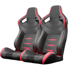 2PC Universal Bucket Racing Seats Red Stitch Red PVC Leather Reclinable Carbon Look Leather Red With Adjustor Slider(Not Including Seat Bracket ) 1 box of 2 pieces