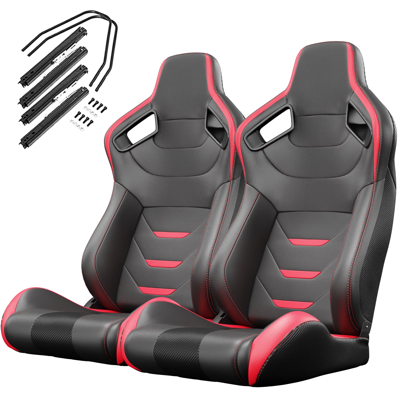 2PC Universal Bucket Racing Seats Red Stitch Red PVC Leather Reclinable Carbon Look Leather Red With Adjustor Slider(Not Including Seat Bracket ) 1 box of 2 pieces