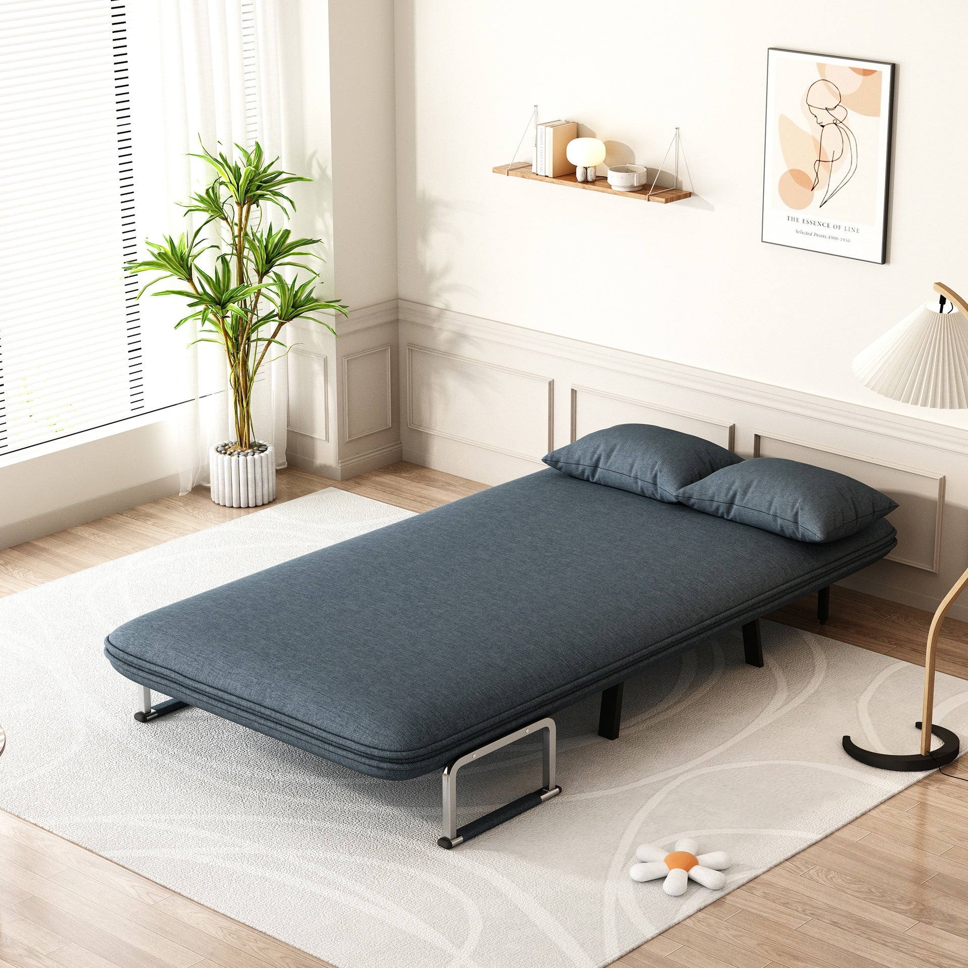 39″ Convertible Chair Bed, Tri-Fold Sofa Bed with Adjustable Backrest & Pillow, Leisure Chaise Lounge Couch with Sturdy Iron Frame for Home & Office, Comfortable Sleeper Chair