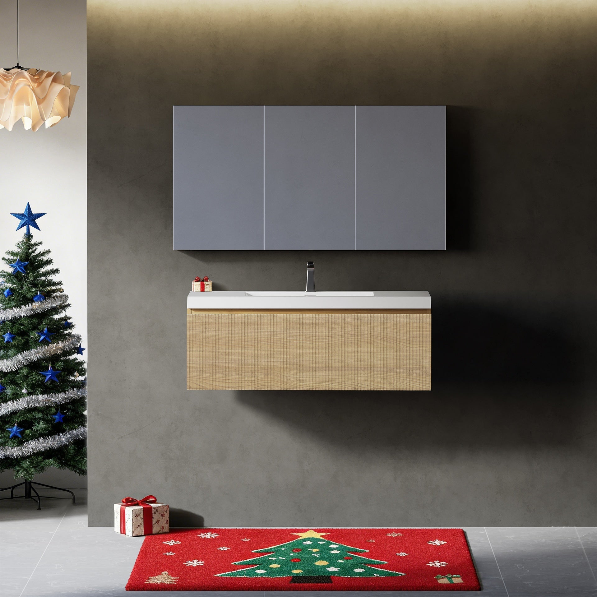 36'' Floating Bathroom Vanity with Sink Wall-Mounted Striped Bathroom Storage Cabinet with Soft-Close Drawer Glossy White Solid Surface Basin, Fully Assembled Natural Oak GF-24V16-36NOW-W1573P265197