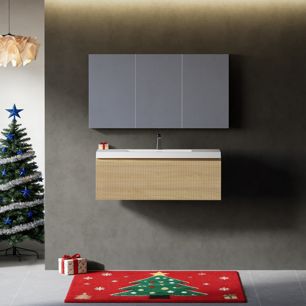 36'' Floating Bathroom Vanity with Sink Wall-Mounted Striped Bathroom Storage Cabinet with Soft-Close Drawer Glossy White Solid Surface Basin, Fully Assembled Natural Oak GF-24V16-36NOW-W1573P265197