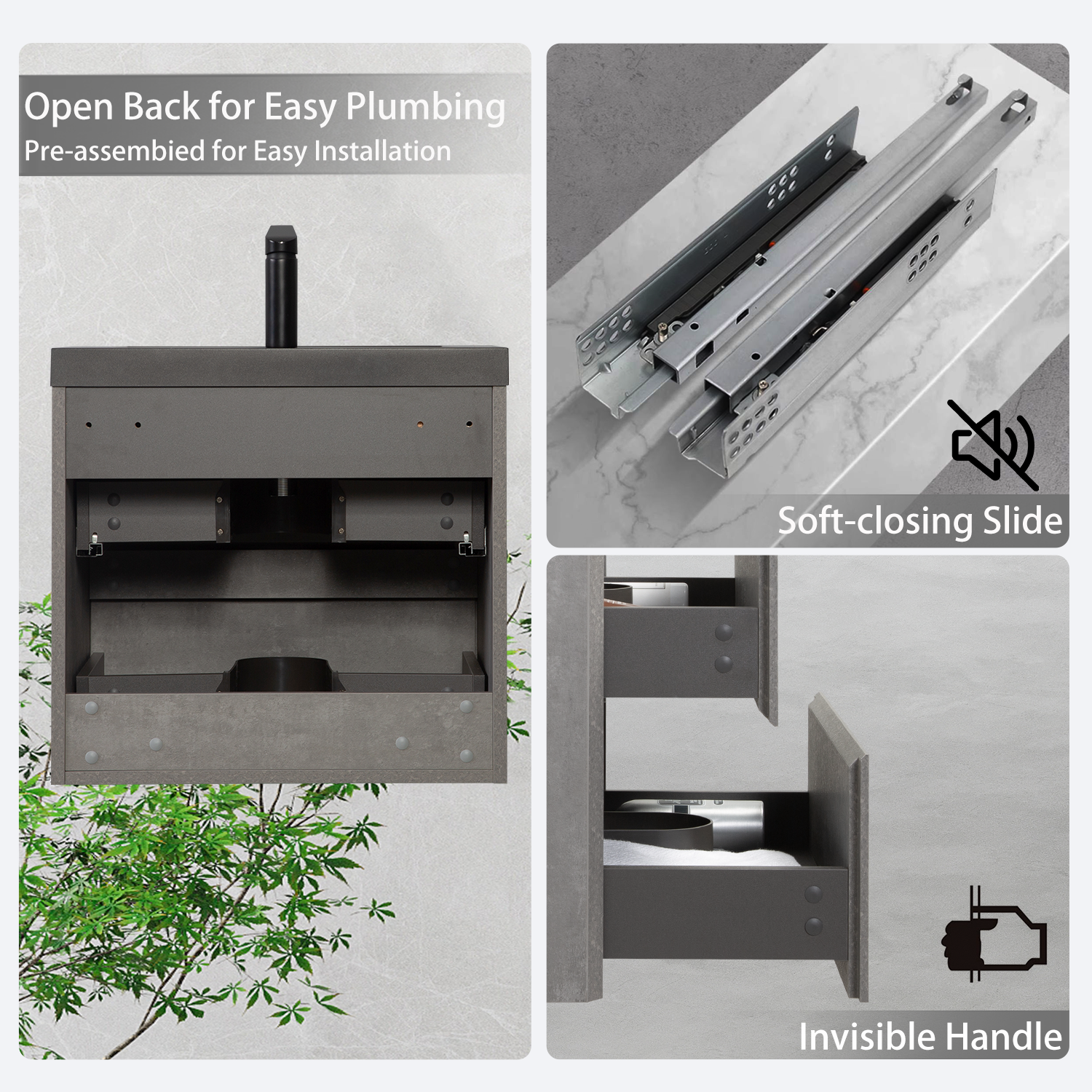 24" Floating Bathroom Vanity with Sink, Wall-Mounted Storage Vanity Cabinet with Black Quartz Sand Top Basin and Soft Close Drawers, Fully Assembled EDI-Series Cement Grey GF-24V12-24GR-W1573P155844