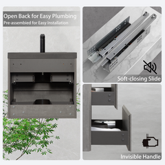 24" Floating Bathroom Vanity with Sink, Wall-Mounted Storage Vanity Cabinet with Black Quartz Sand Top Basin and Soft Close Drawers, Fully Assembled EDI-Series Cement Grey GF-24V12-24GR-W1573P155844