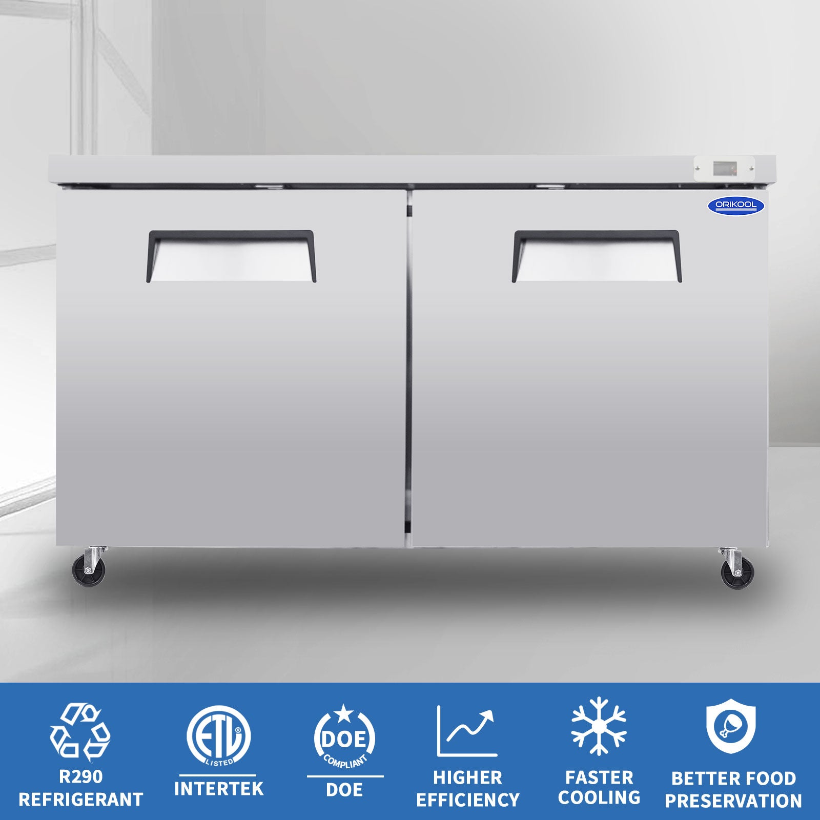 ORIKOOL 60" Commercial Under Counter Freezer 2 Door 18.5 Cu.ft Undercounter Work Top Freezers ETL Approved
