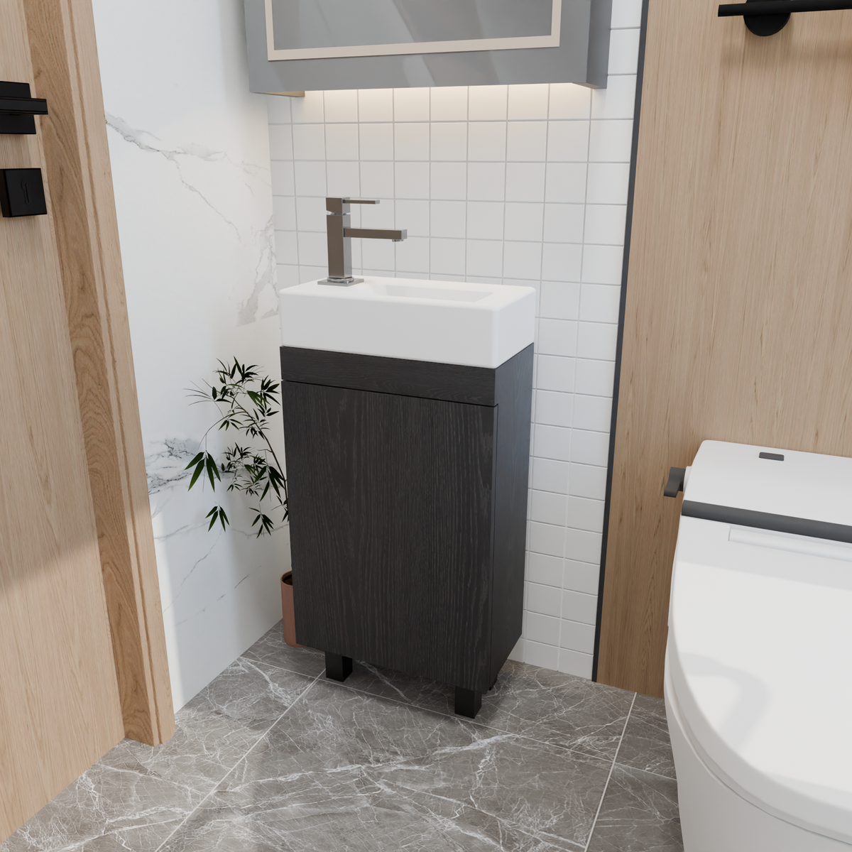 16" Bathroom Vanity Sink Combo for Small Space, Freestanding Bathroom Cabinet with Undermount Ceramic Sink, Modern Bathroom Storage Vanity Soft-Close Doors