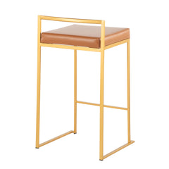 Fuji 26" Contemporary Stackable Counter Stool in Gold Metal with Camel Faux Leather Cushion by LumiSource - Set of 3