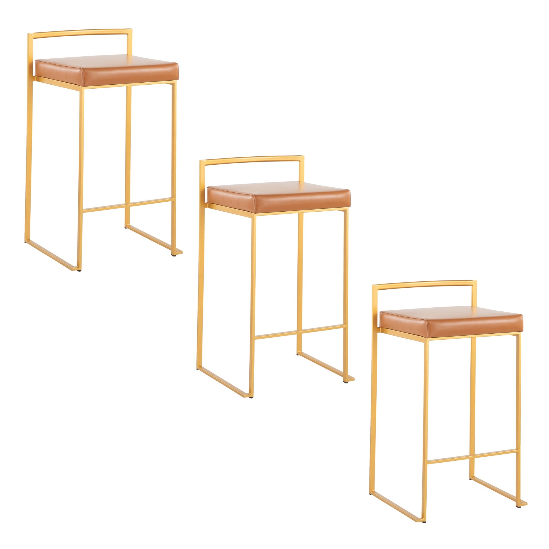 Fuji 26" Contemporary Stackable Counter Stool in Gold Metal with Camel Faux Leather Cushion by LumiSource - Set of 3