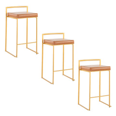 Fuji 26" Contemporary Stackable Counter Stool in Gold Metal with Camel Faux Leather Cushion by LumiSource - Set of 3