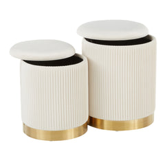 Marla Contemporary Nesting Pleated Ottoman Set in Gold Metal and Cream Velvet by LumiSource