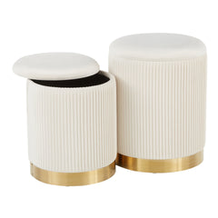 Marla Contemporary Nesting Pleated Ottoman Set in Gold Metal and Cream Velvet by LumiSource
