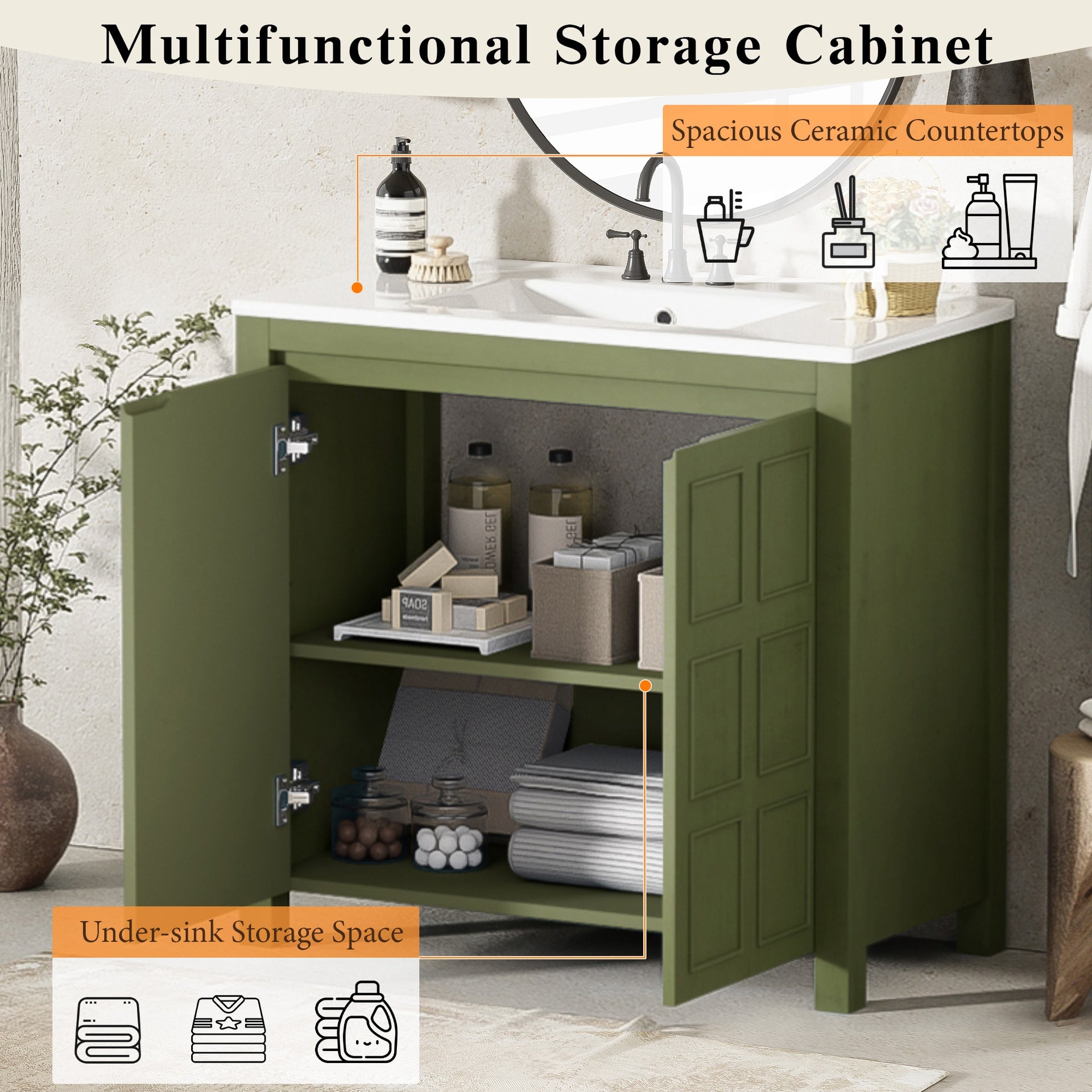 36 " Bathroom Vanity Organizer with Ceramic Sink, Set Bathroom Storage Cabinet, Olive Green