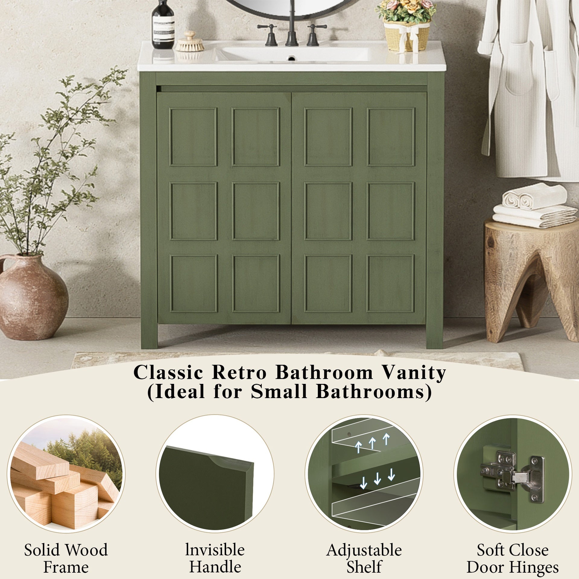 36 " Bathroom Vanity Organizer with Ceramic Sink, Set Bathroom Storage Cabinet, Olive Green