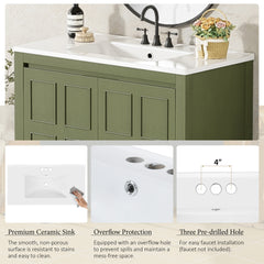 36 " Bathroom Vanity Organizer with Ceramic Sink, Set Bathroom Storage Cabinet, Olive Green