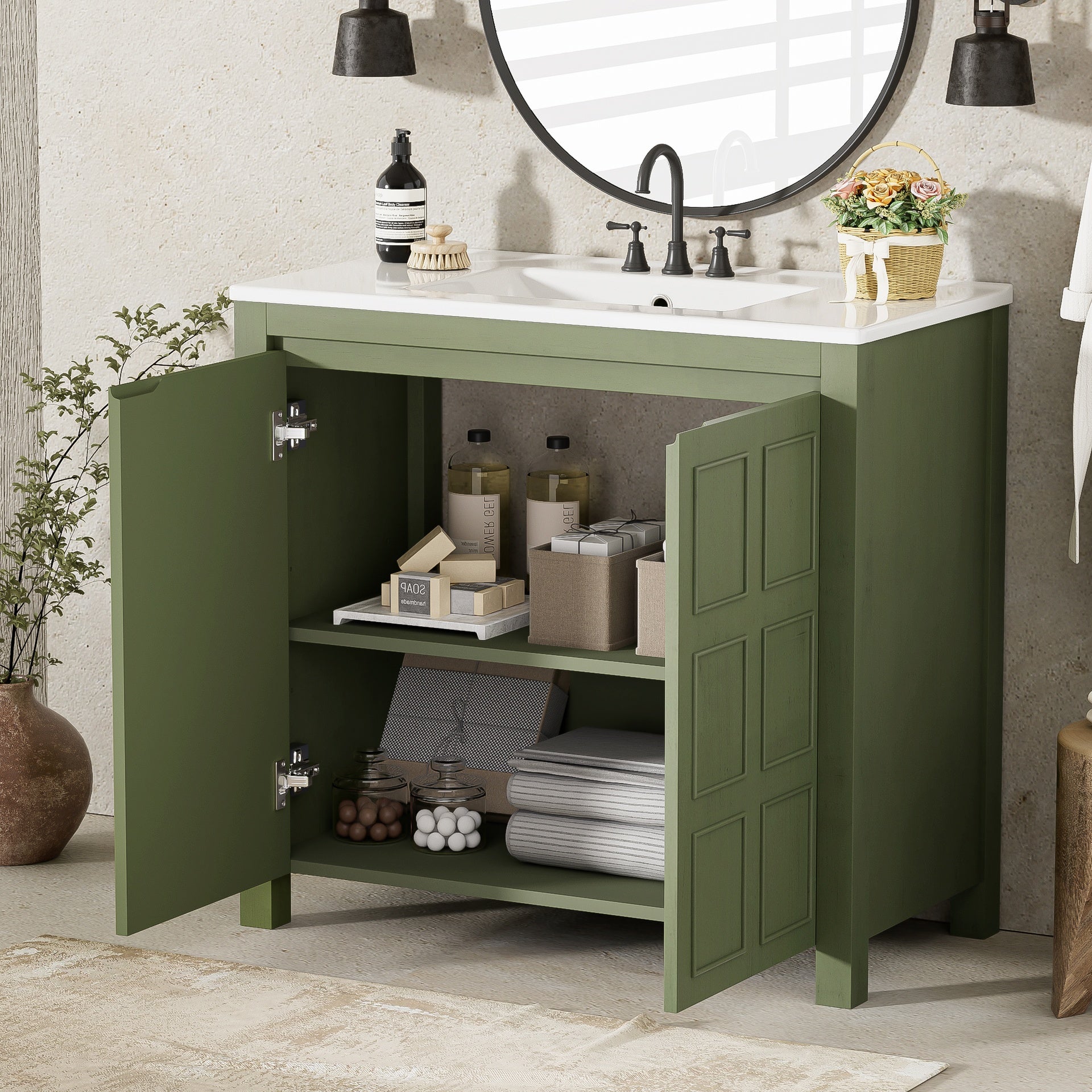 36 " Bathroom Vanity Organizer with Ceramic Sink, Set Bathroom Storage Cabinet, Olive Green