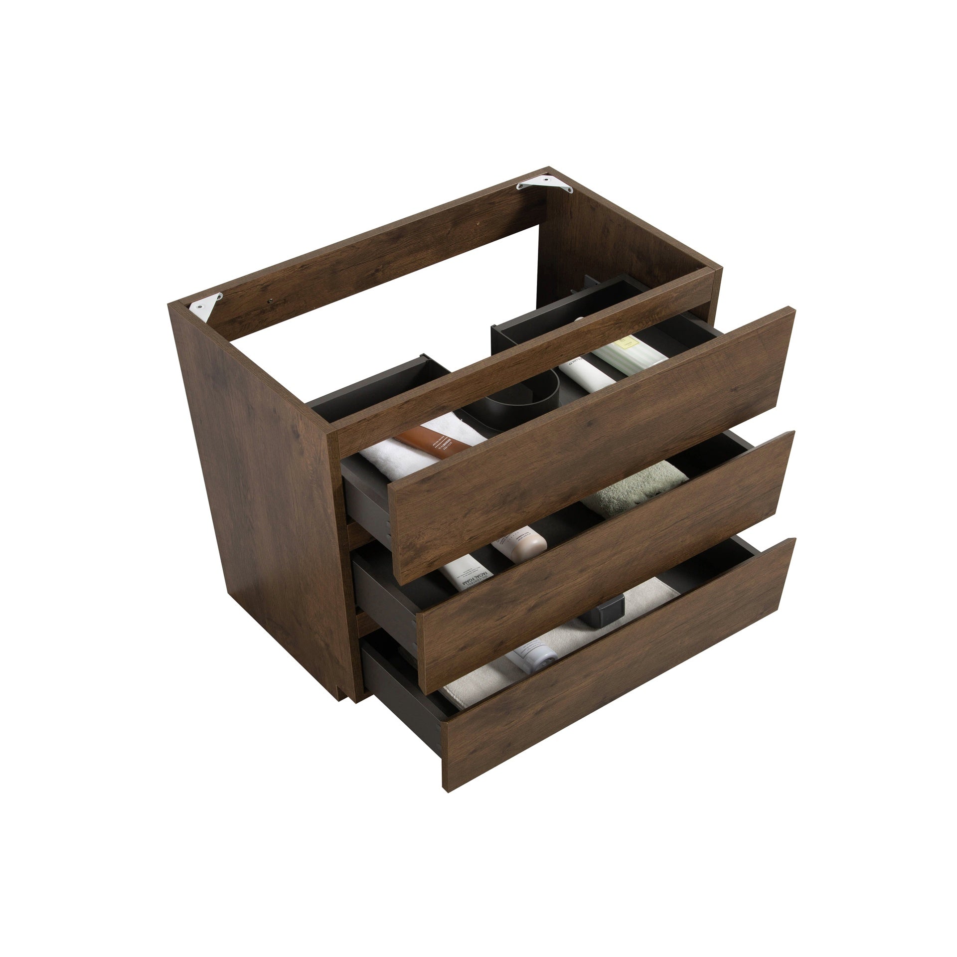 Alice-36F-105,Floor cabinet WITHOUT basin, Walnut color, With three drawers, Pre-assembled