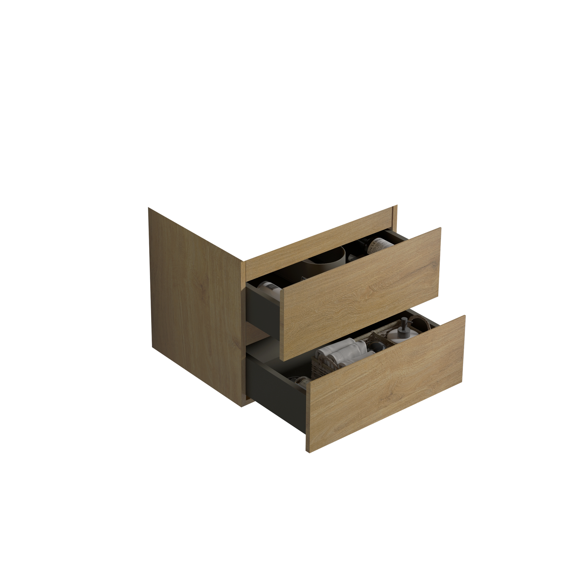 Alice24-106, Wall mount cabinet without basin, Natural oak color, with two drawers, Pre-assembled