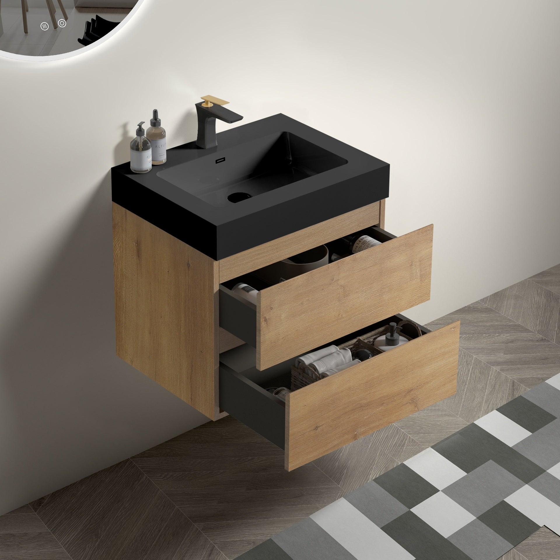 U090-Alice24W-106 Alice 24" Natural Oak Bathroom Vanity with Sink, Large Storage Wall Mounted Floating Bathroom Vanity for Modern Bathroom, One-Piece Black Sink Basin WITHOUT Drain, Pre-assembled