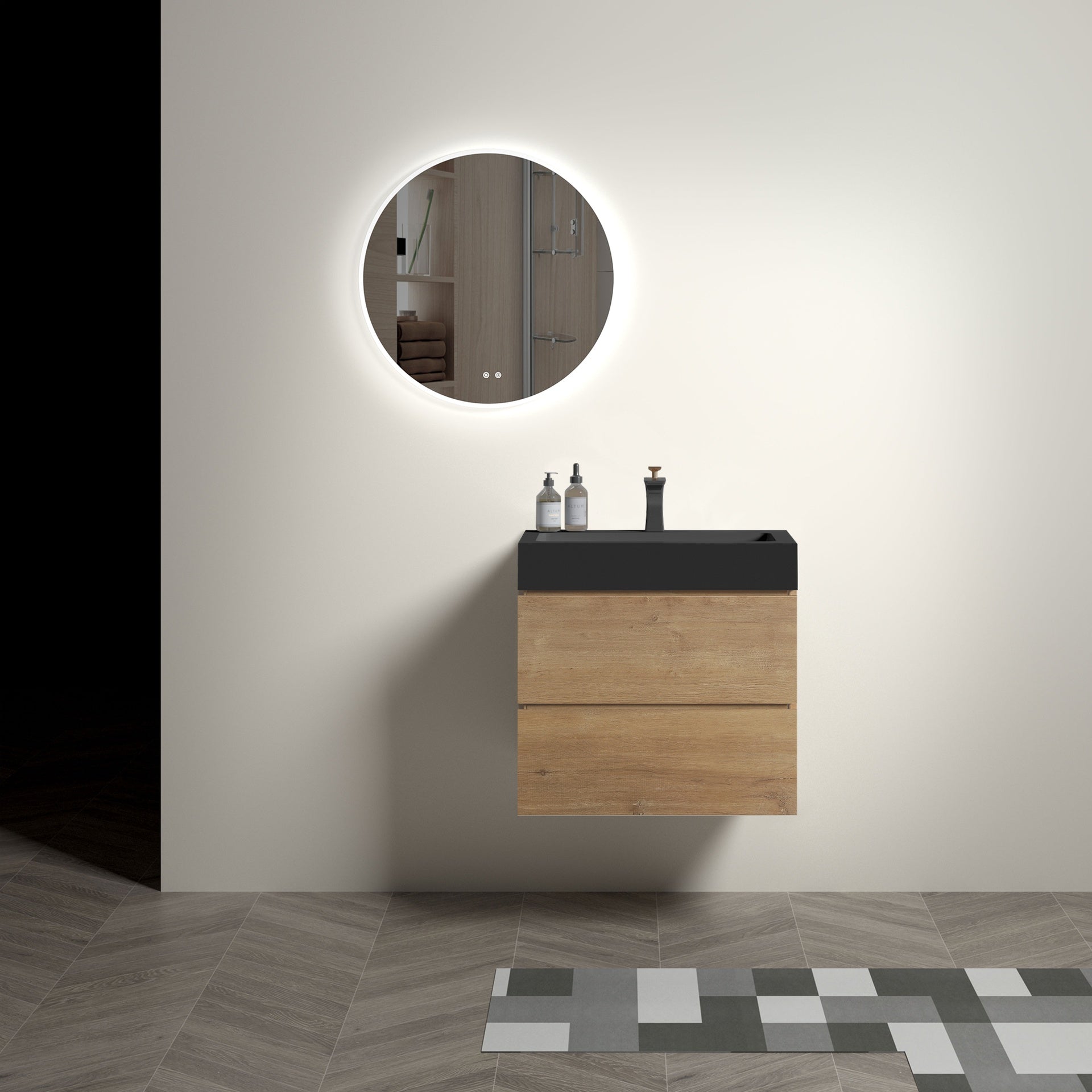 U090-Alice24W-106 Alice 24" Natural Oak Bathroom Vanity with Sink, Large Storage Wall Mounted Floating Bathroom Vanity for Modern Bathroom, One-Piece Black Sink Basin WITHOUT Drain, Pre-assembled