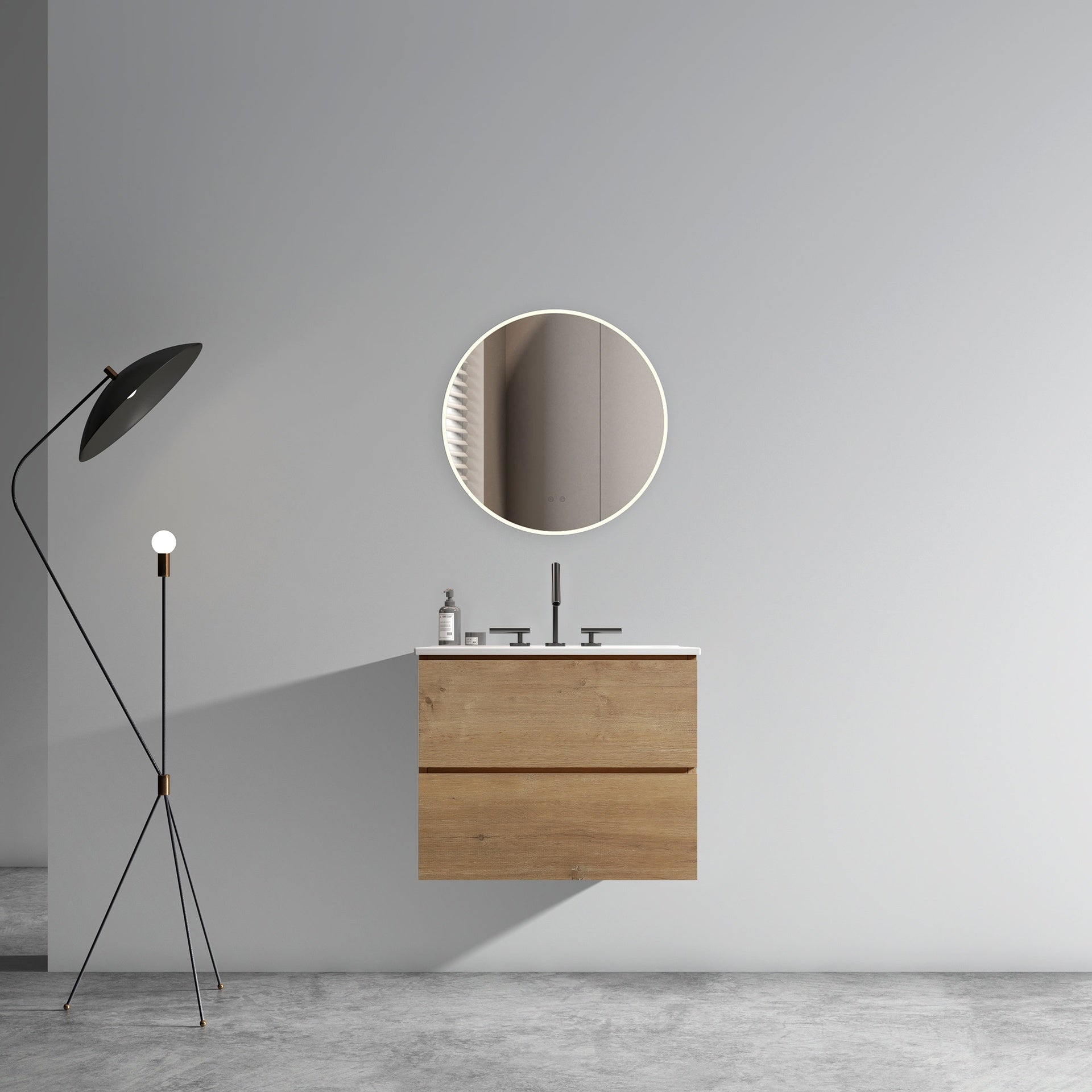 Wall Mount 24" Natural Oak Bathroom Vanity with Ceramic Sink with three faucet holes, Large Storage Floating Bathroom Vanity for Modern Bathroom, One-Piece Sink Basin without Drain, Pre-assembled