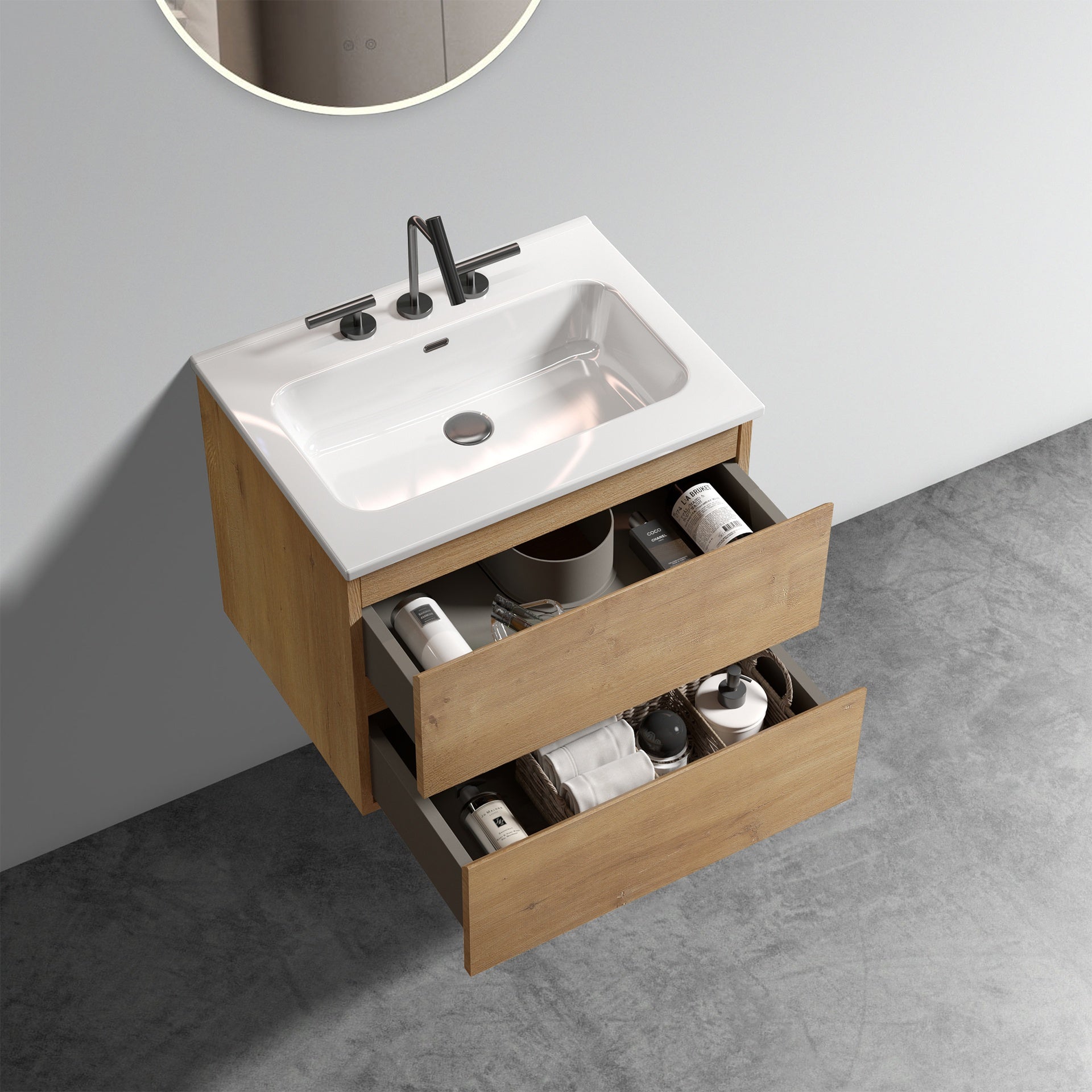 Wall Mount 24" Natural Oak Bathroom Vanity with Ceramic Sink with three faucet holes, Large Storage Floating Bathroom Vanity for Modern Bathroom, One-Piece Sink Basin without Drain, Pre-assembled
