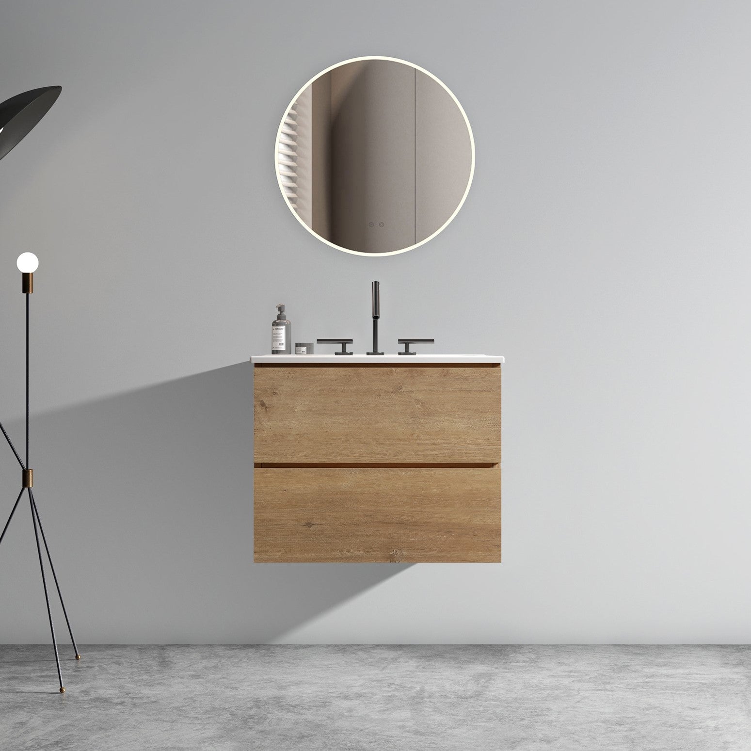 Wall Mount 24" Natural Oak Bathroom Vanity with Ceramic Sink with three faucet holes, Large Storage Floating Bathroom Vanity for Modern Bathroom, One-Piece Sink Basin without Drain, Pre-assembled