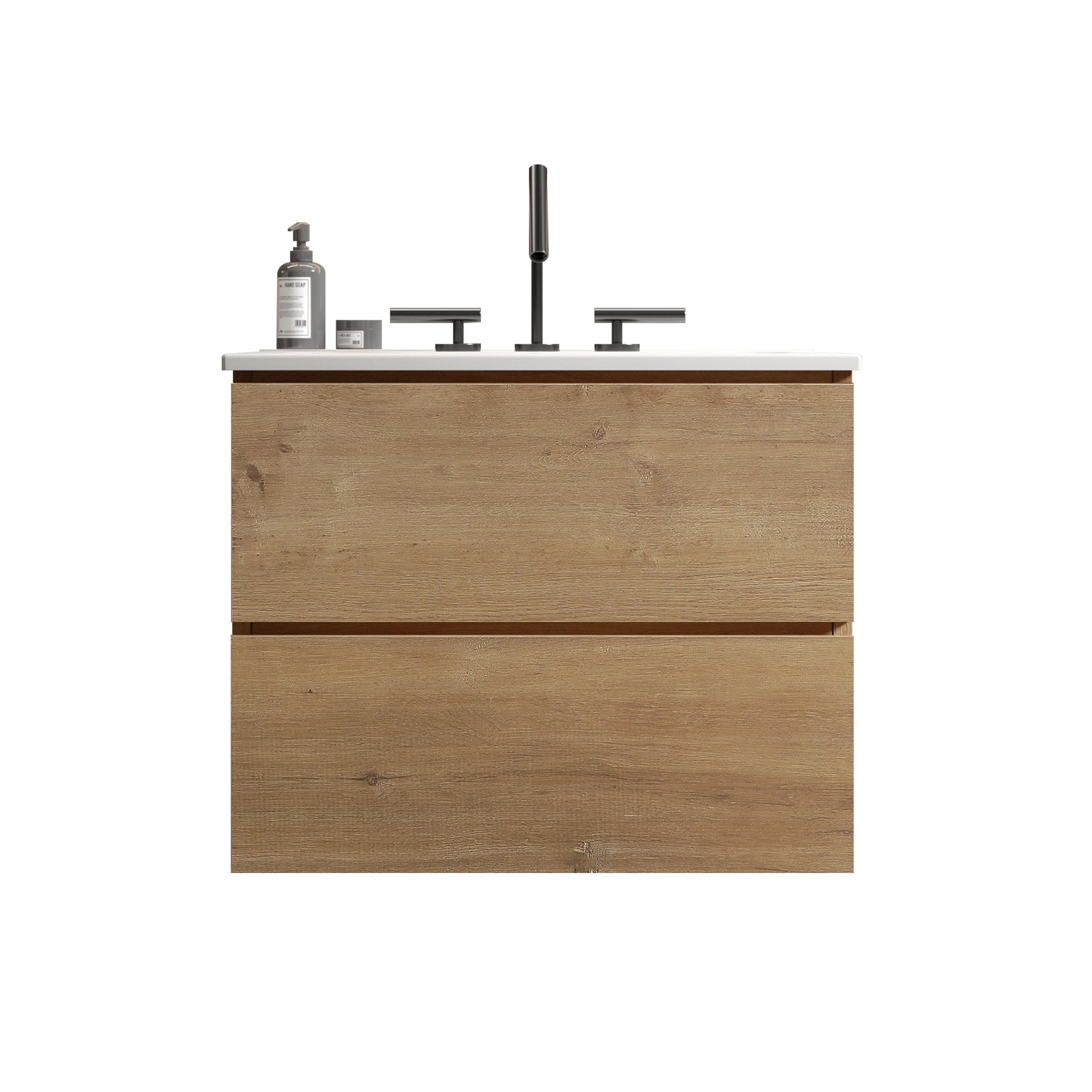 Wall Mount 24" Natural Oak Bathroom Vanity with Ceramic Sink with three faucet holes, Large Storage Floating Bathroom Vanity for Modern Bathroom, One-Piece Sink Basin without Drain, Pre-assembled