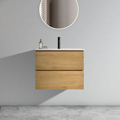 TIA 24" Wall Mount Natural Oak Bathroom Vanity with Ceramic Sink with one faucet hole, Large Storage Floating Bathroom Vanity for Modern Bathroom, Pre-assembled