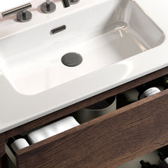 TIA 36"  Walnut  Bathroom Vanity with Sink with 3 Faucet Holes, Large Storage Freestanding Bathroom Vanity for Modern Bathroom, One-Piece White Sink Basin without Drain and Faucet, Pre-assembled