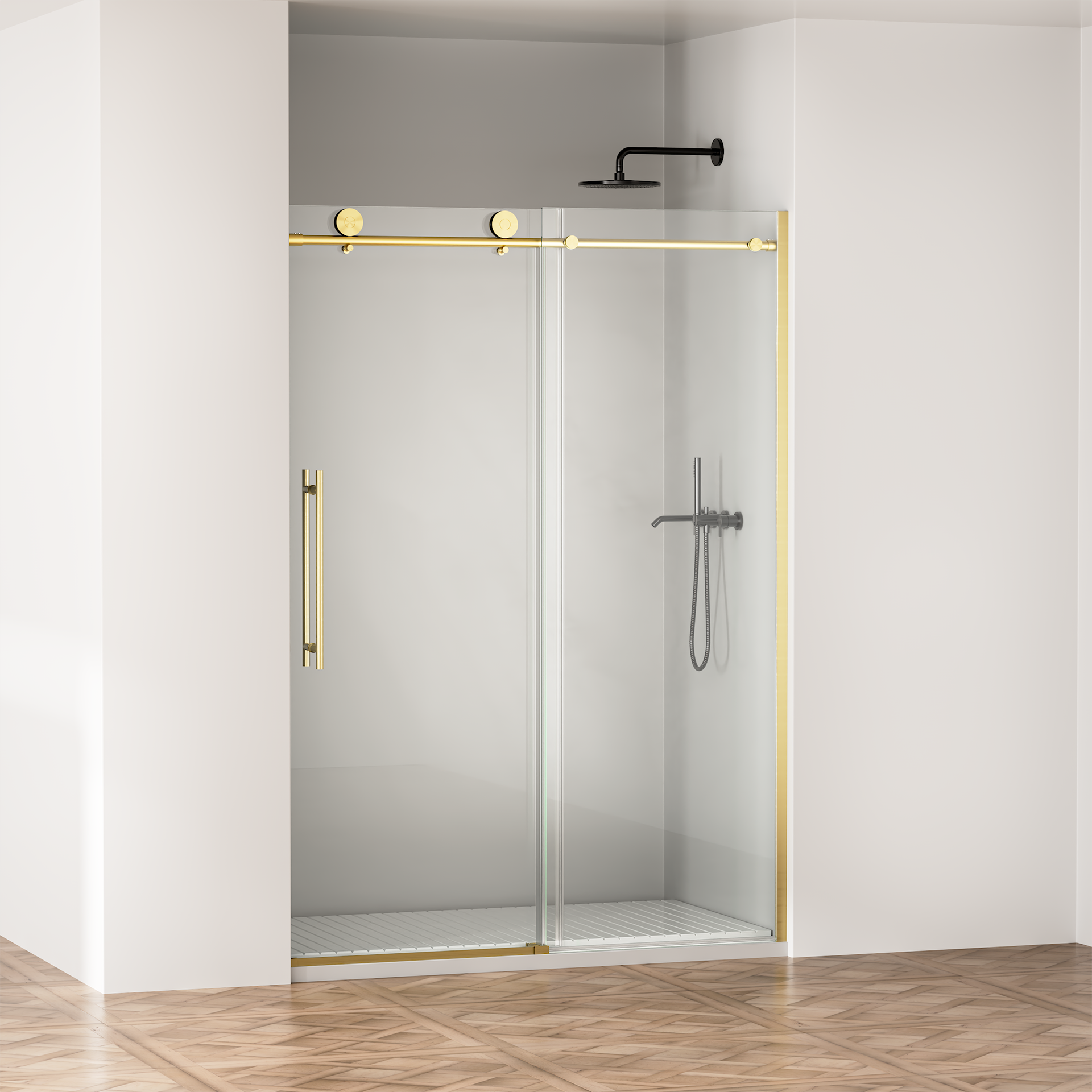 Door 50-54 in W x 75 in H Frameless Shower , Sliding Shower Door with 5/16"(8mm) Clear Tempered Glass Shower Door, Easy to Clean Bathroom, Silent Soft-Close Design, Easy to Install,Brushed Gold