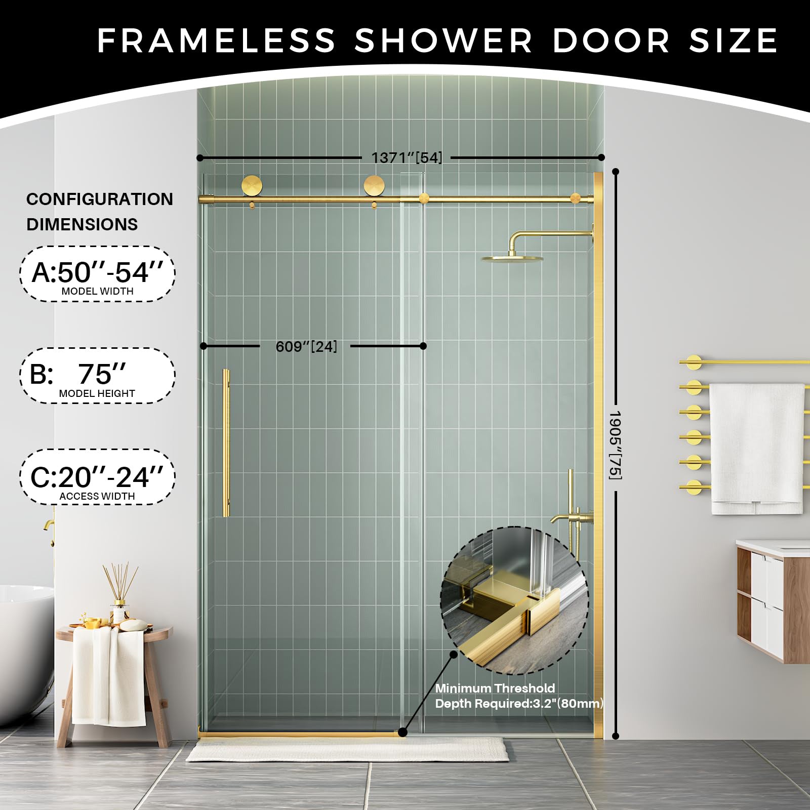 Door 50-54 in W x 75 in H Frameless Shower , Sliding Shower Door with 5/16"(8mm) Clear Tempered Glass Shower Door, Easy to Clean Bathroom, Silent Soft-Close Design, Easy to Install,Brushed Gold