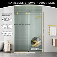 Door 50-54 in W x 75 in H Frameless Shower , Sliding Shower Door with 5/16"(8mm) Clear Tempered Glass Shower Door, Easy to Clean Bathroom, Silent Soft-Close Design, Easy to Install,Brushed Gold