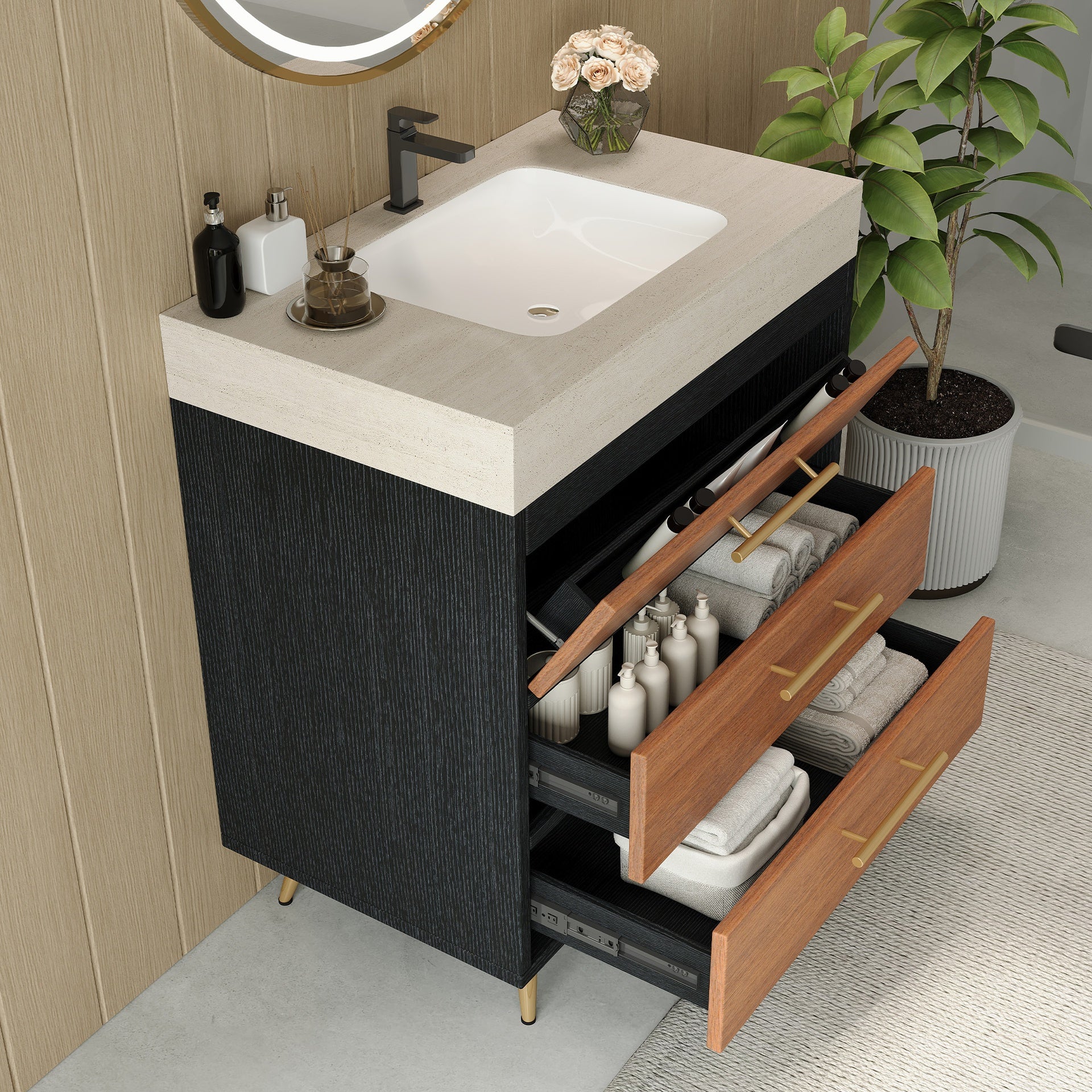 Modern Free-Standing Bathroom Vanity with Ceramic Vessel Sink & Durable Sintered Stone Top