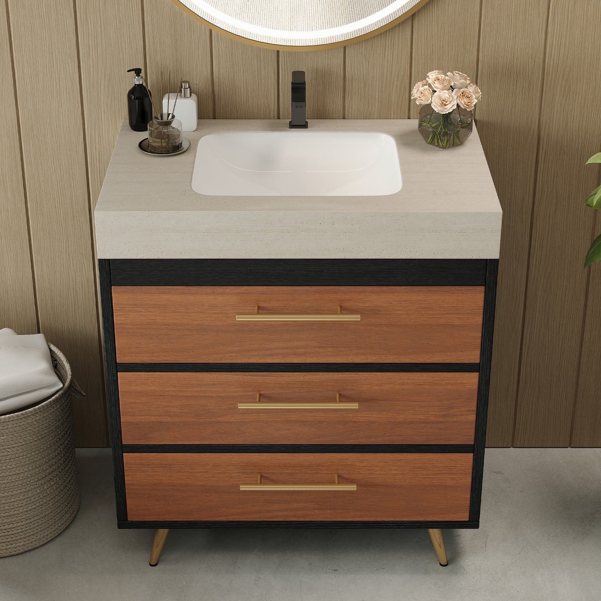 Modern Free-Standing Bathroom Vanity with Ceramic Vessel Sink & Durable Sintered Stone Top