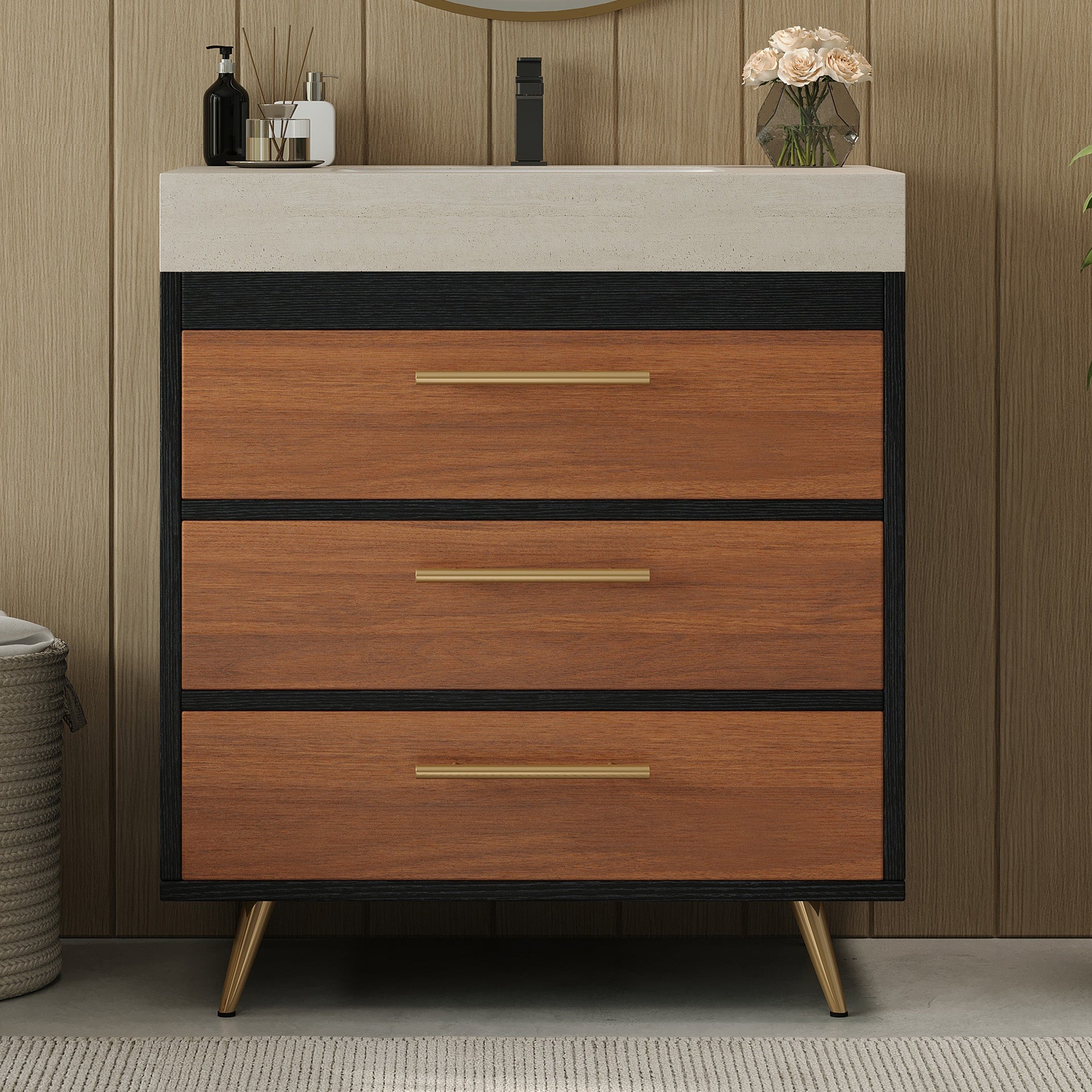 Modern Free-Standing Bathroom Vanity with Ceramic Vessel Sink & Durable Sintered Stone Top