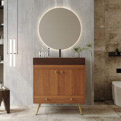 Mid-Century  Free-standing Bathroom Vanity with Faux Marble Top & Ceramic Sink, 30" Double Door Storage Cabinet, Waterproof Engineered Wood, Gold Legs