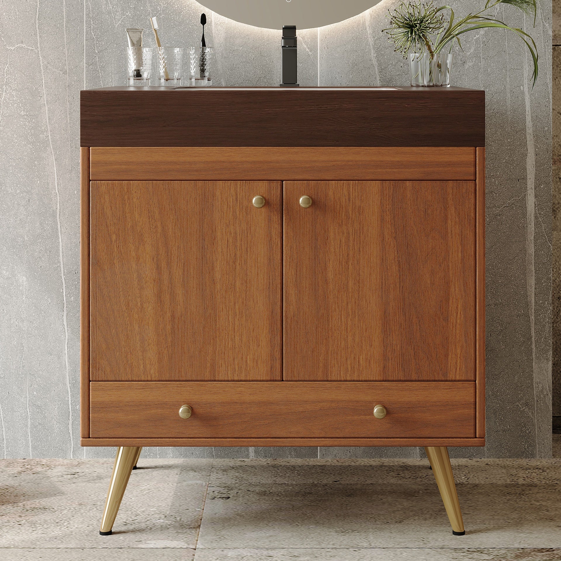 Mid-Century  Free-standing Bathroom Vanity with Faux Marble Top & Ceramic Sink, 30" Double Door Storage Cabinet, Waterproof Engineered Wood, Gold Legs