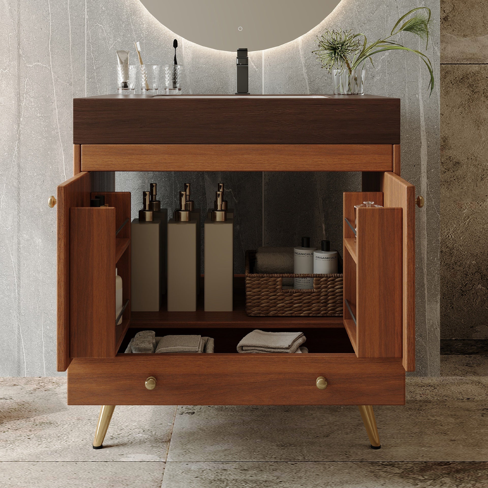 Mid-Century  Free-standing Bathroom Vanity with Faux Marble Top & Ceramic Sink, 30" Double Door Storage Cabinet, Waterproof Engineered Wood, Gold Legs