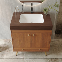 Mid-Century  Free-standing Bathroom Vanity with Faux Marble Top & Ceramic Sink, 30" Double Door Storage Cabinet, Waterproof Engineered Wood, Gold Legs