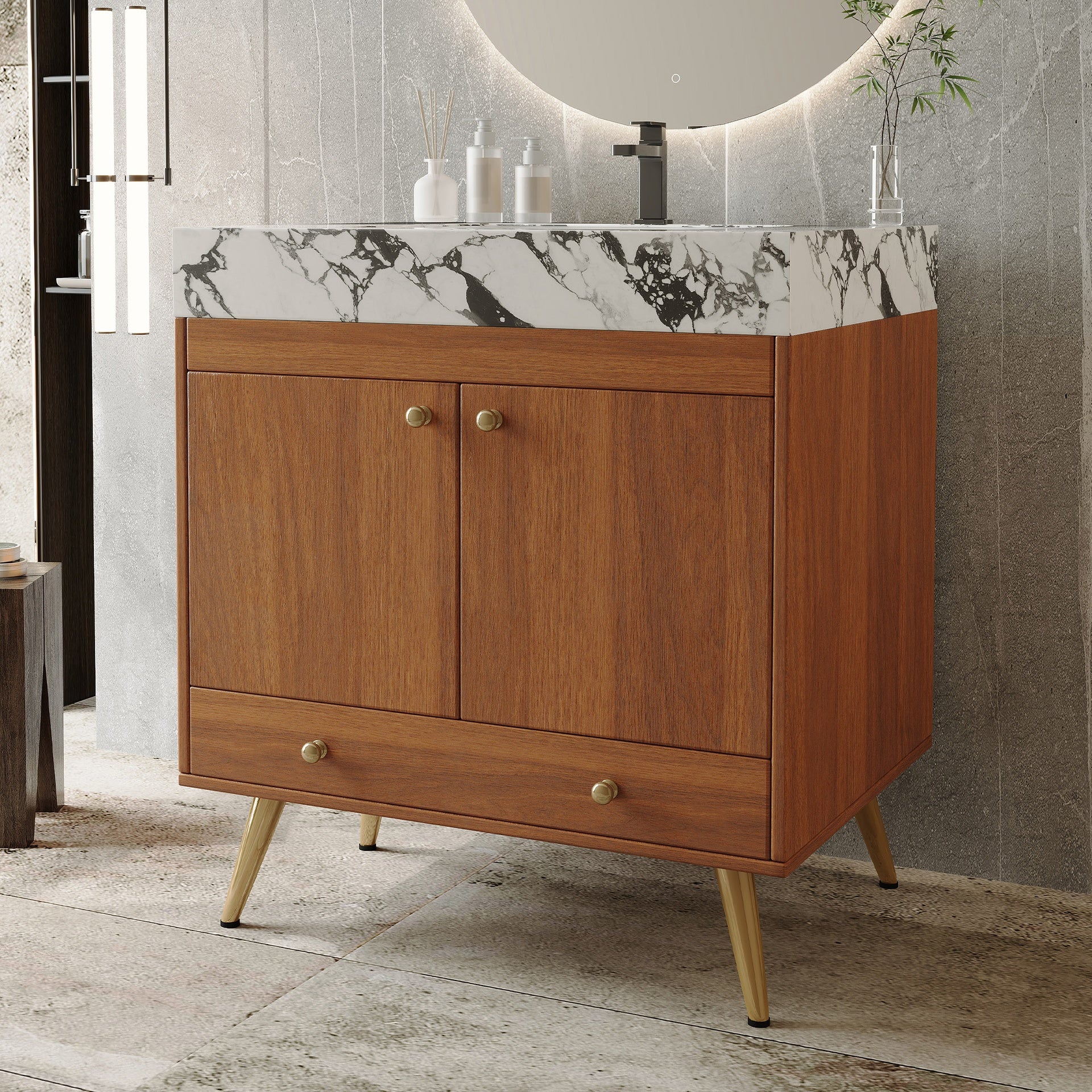 Mid-Century  Free-standing Bathroom Vanity with Faux Marble Top & Ceramic Sink, 30" Double Door Storage Cabinet, Waterproof Engineered Wood, Gold Legs